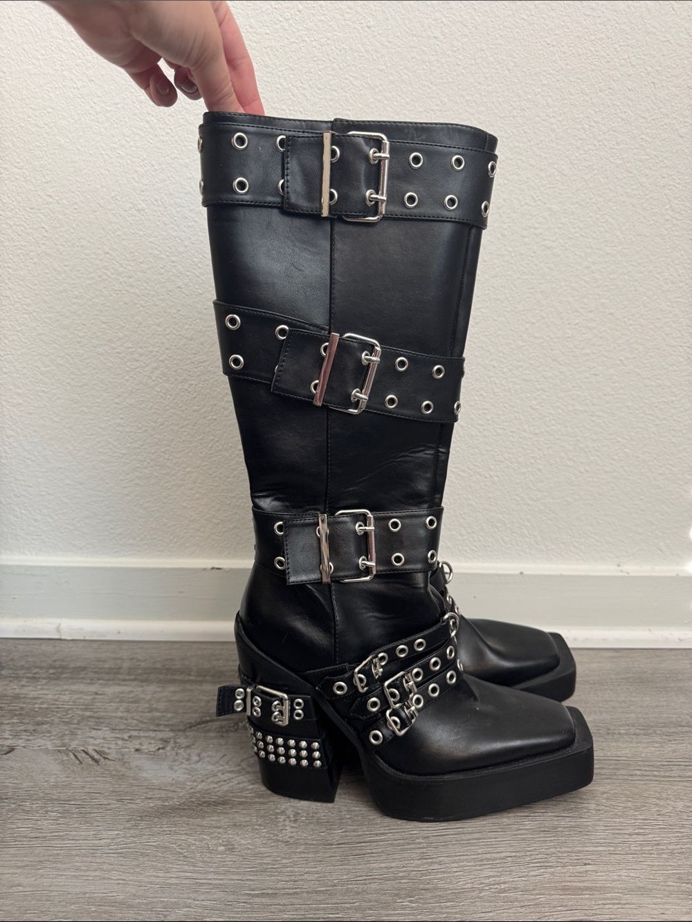 Current Mood Black Studded Buckle Knee High Platform Boots